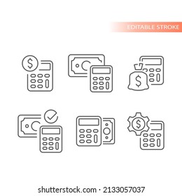 Calculator with banknote, checkmark dollar bag. Money, finance analysis outlined vector icon set.