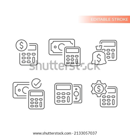 Calculator with banknote, checkmark dollar bag. Money, finance analysis outlined vector icon set.