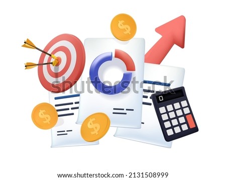 Calculator, bar chart, shooting target with arrow in center, dollar coins. Concept of personal financial goal achievement, budget planning. Modern colorful vector illustration in 3d style for poster.