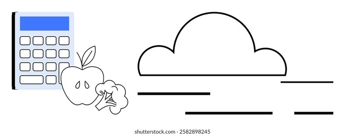 Calculator beside apple and broccoli with cloud in background. Ideal for financial health tracking, wellness apps, budgeting tools, nutrition planners, educational content, data analysis, and project