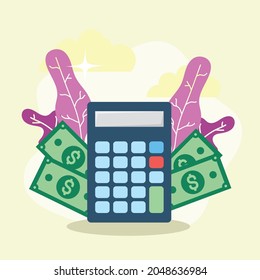 calculator with bills on yellow background