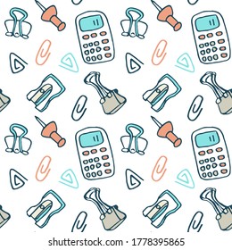 Calculadora y aglomerante sobre fondo blanco Stationery patrón sin fisuras para papel de pared, papel de envoltura, durmiente, baldosa, ropa de cama o ropa de cama Caja o impresión de tela Estilo doodle ilustración vectorial