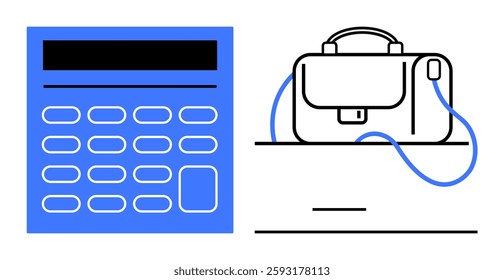 Calculator with blue and black buttons beside a briefcase on a minimalistic surface. Ideal for finance, accounting, business administration, office work, productivity tools, financial planning