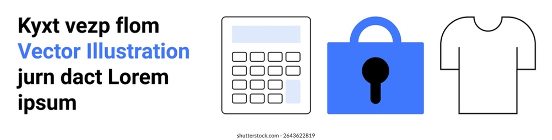 Calculator, blue lock, and white t-shirt as visual components for business, security, and apparel themes. Ideal for website graphics, app icons, infographics, presentations, educational materials