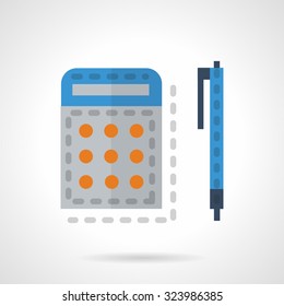 Calculator and blue pen. Flat color style vector icon. Items for school, office. Accessories for mathematic or arithmetic. Elements of web design for business.