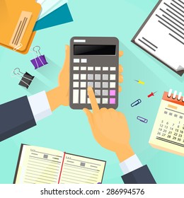 Calculator Business Man Hand Office Desk Accountant Vector Illustration