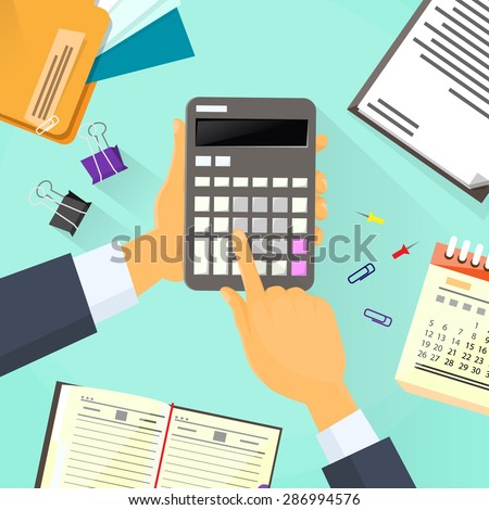 Calculator Business Man Hand Office Desk Accountant Vector Illustration