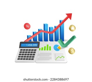 Calculator and business report with rising graph. Vector illustration.