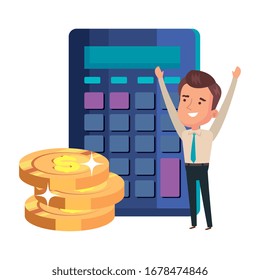 calculator with businessman and pile coins vector illustration design