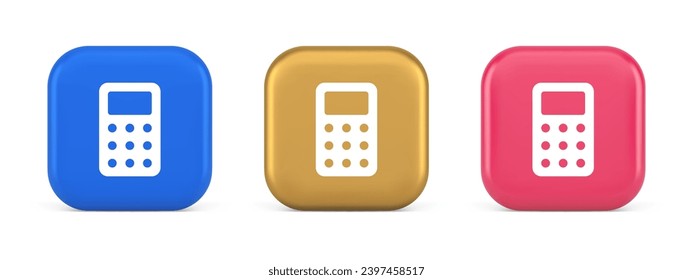 Calculator button mathematical number counting web application design 3d realistic blue gold and pink icons. Accounting calculation math digital financial count user interface panel