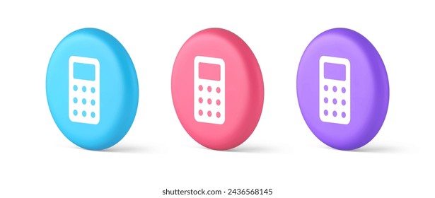 Calculator button mathematical number counting web application design 3d realistic blue pink and purple icons. Accounting calculation math digital financial count user interface panel