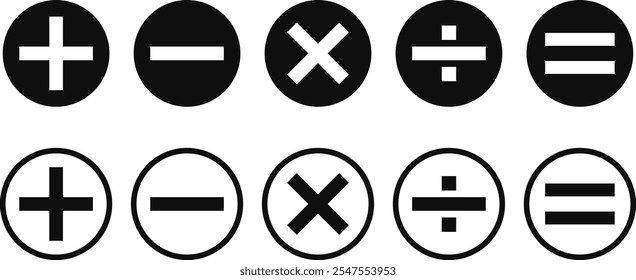 Conjunto de iconos de Botones de la calculadora. adición de cálculos. conjunto de símbolos de la calculadora. conjunto de iconos matemáticos. signo matemático
