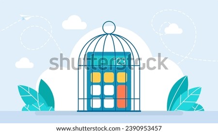 Calculator in a cage. Flat Calculator. Financial management, budget and earnings business money. Income accounting finance tax. Controlled thoughts and lack of freedom in business. Vector illustration
