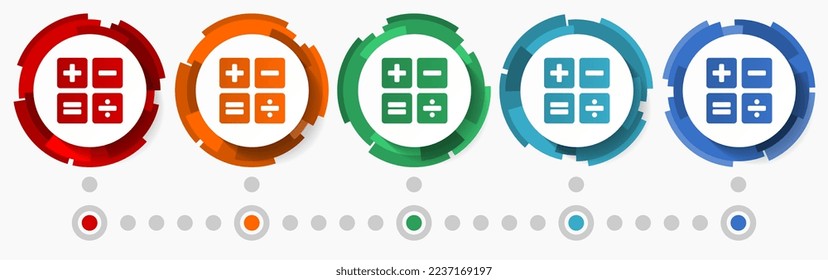 Calculadora, calcular conjunto de iconos de vector de concepto, botones web abstractos de diseño moderno en 5 opciones de color, plantilla infográfica