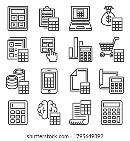 Calculator and Calculation Icons Set on White Background. Line Style Vector