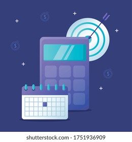 Kalender und Zieldesign der Rechner, Mathematik Finance Gerät elektronische Bildungsanstalt Objekt und Buchhaltungsthema Vektorgrafik
