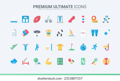 Calculator of calories and fitness exercises for weight control, running and bodybuilding of athlete in gym and stadium, diving. Sports workout trendy flat icons set vector illustration