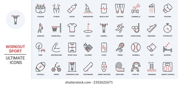 Calculator of calories and fitness exercises for weight control, running and bodybuilding of athlete in gym and stadium, diving. Sports workout trendy red black thin line icons set vector illustration