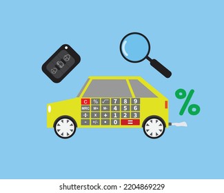 Calculator In Car Shape For Loan, Hire Purchase And Insurance Coverage. Insight Car Key Magnifying Glass And Interest Sign.