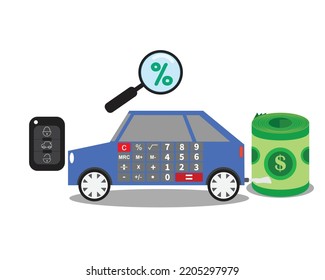 Calculator In Car Shape For Loan, Hire Purchase And Insurance Coverage. Insight Car Key Magnifying Glass At Interest Sign And Money Role.