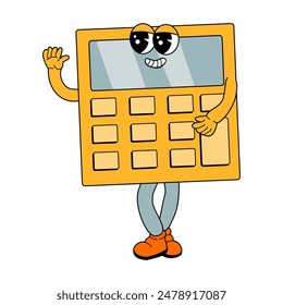 Calculator cartoon character in retro groovy 80s, 90s, 2000s style. y2k school supply for match with funny face. Childish mascot for education. Can used for sticker, poster, cover, banner.