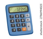 Calculator cartoon hand drawn vector illustration with digital screen and number buttons. Math education tool perfect for school posters, classroom decor and accounting design
