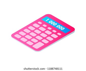 Calculator cartoon isolated single vector icon. Pocket calculating machine, mathematical tool, of pink color with pale buttons, 3d isometric design
