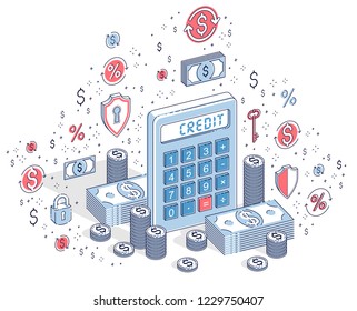 Calculator with cash money stacks and coins piles isolated on white background, credit concept. 3d vector business isometric illustration with icons, stats charts and design elements.