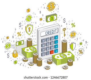 Calculator with cash money stacks and coins piles isolated on white background, credit concept. Isometric 3d vector finance illustration with icons, stats charts and design elements.
