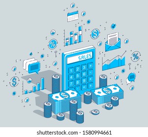 Calculator with cash money stacks and coins piles isolated on white background, sales concept. Isometric 3d vector finance illustration with icons, stats charts and design elements.