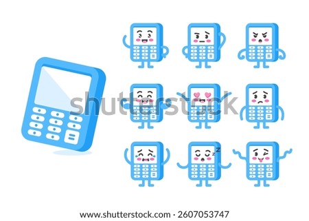Calculator character set of poses and emotions, mascot of mathematics, finance and accounting, in cartoon kawaii style
