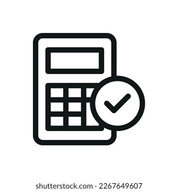 Calculator with check mark isolated icon, calculation completed vector symbol with editable stroke