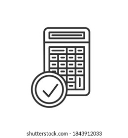 Calculator with check mark, math icon. Element of education illustration. Vector black icon.