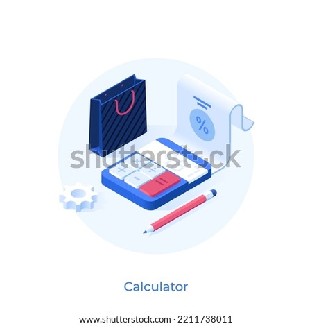 Calculator, check with percent sign, pencil, shopping bag. Concept of family budget, money spending control, calculation of daily expenses. Modern isometric vector illustration for poster, banner.