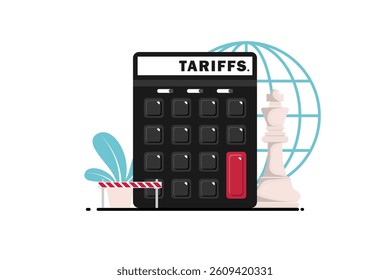 Calculator and chess, Global trade strategy and economic impact of tariff calculations, Vector illustration.