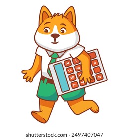 Calculator for children. The character is a schoolboy dog.Isolated on white background.Vector flat illustration.