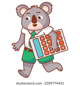 Calculator for children. The character is a schoolboy koala.Isolated on white background.Vector flat illustration.Animal koala bear.