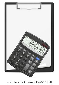 calculator clipboard and blank sheet of paper concept vector illustration isolated on white background