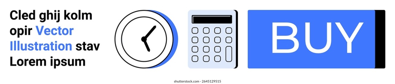 Calculator, clock, and blue Buy button alongside placeholder text. Ideal for finance, time management, shopping, e-commerce, productivity, business, technology Landing page