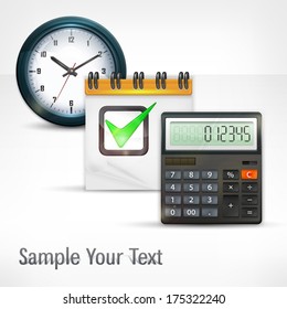 Calculator & clock with notepad and text, economical concept, vector illustration