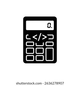 Calculator with code brackets symbolizing programming and algorithm calculations