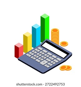 calculator with coin and chart. Icon saving or accumulation of money, investment. Icon piggy bank in a isometric style. illustrator vector.
