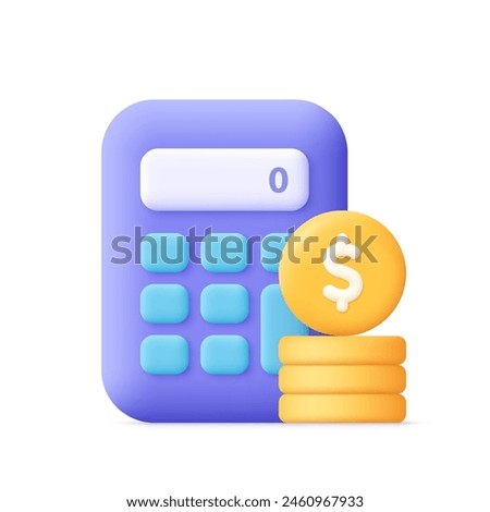 Calculator and coin money stack with dollar sign. Business, finance, accounting, tax and budget planning concept. 3d vector icon. Cartoon minimal style.