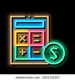 Calculadora Moneda de neón vector de señal de luz. Icono brillante Signo de la moneda de la calculadora. ilustración de símbolo transparente