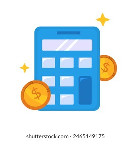 Calculator with coin and star illustration for financial planning, budgeting, savings, investment concepts in marketing, graphic design, and education