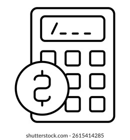 Calculator with coin thin line icon, finance and accounting concept. Vector graphics. Counting money, tool sign on white background, linear style for mobile or design