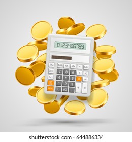 Calculator with coins in the background. Vector illustration