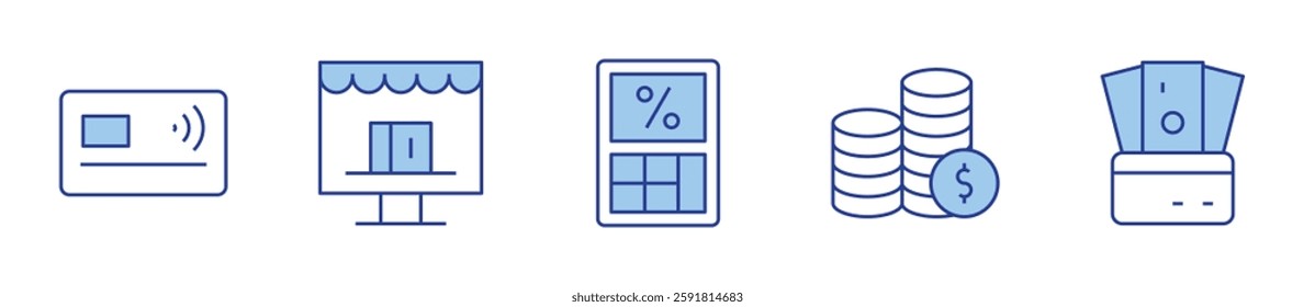 calculator, coins, contactless, credit card, credit card payment. Payment Icon vector illustration. Line Duotone style. Editable stroke.