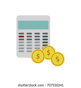 Calculator with coins. Isolate on white background. Vector. Illustration.