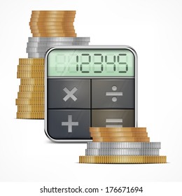 Calculator & coins isolated on white background, vector illustration